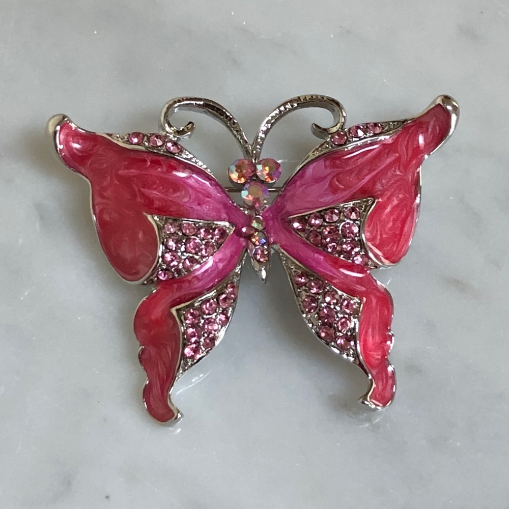 (NEW) Pink Enamel Butterfly Brooch Pin Rhinestone Silver-Tone Rhodium Plating